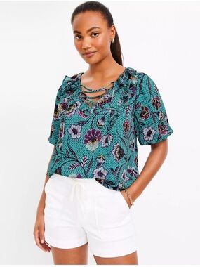 LOFT Botanical Lace Up Ruffle Top